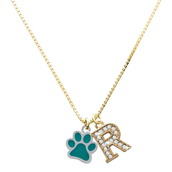 Delight Jewelry Silver-tone Medium Translucent Teal Paw - Large Goldtone Crystal Initial - R - Charm Necklace, 17.5"+2"