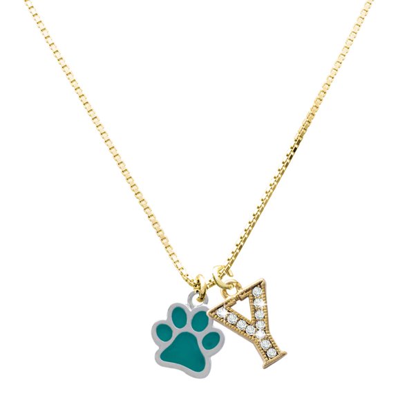 Delight Jewelry Silver-tone Medium Translucent Teal Paw - Large Goldtone Crystal Initial - Y - Charm Necklace, 17.5"+2"