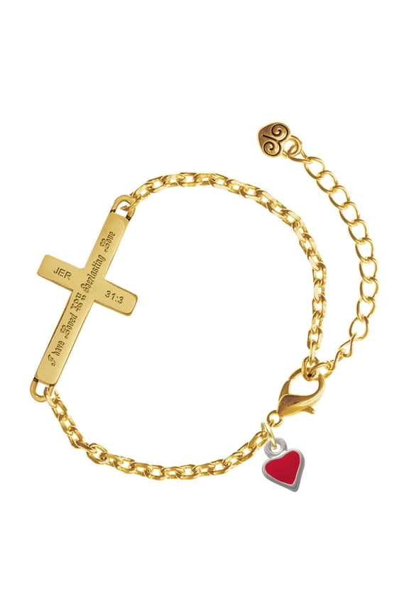 Silver-tone Mini 2-D Red Heart - Gold Tone Jeremiah 31:3 Everlasting Love Engraved Cross Charm Bracelet, 6.5+1.5" Extender