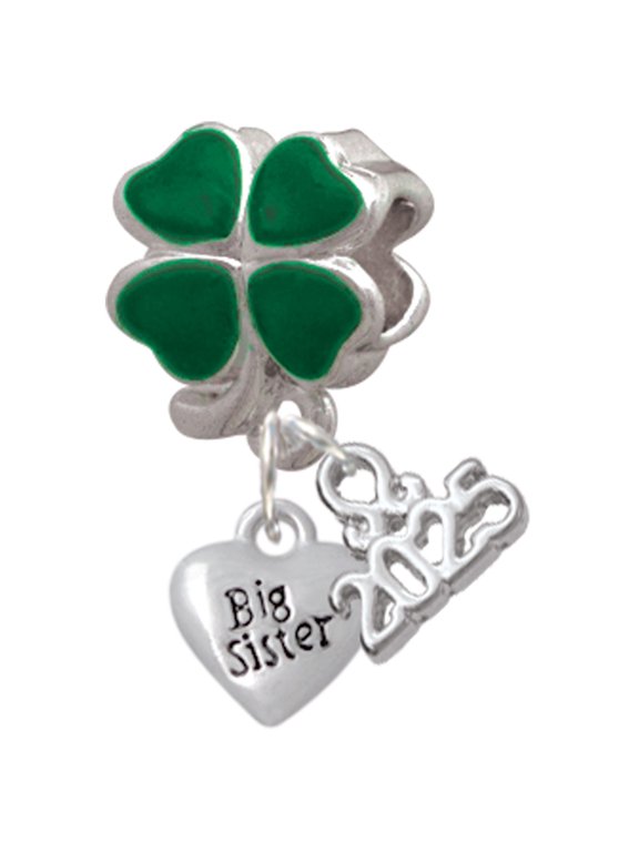 Silver-tone Mini 3-D ''Big Sister'' Heart - Good Luck Green Four Leaf Clover Charm Bead Dangle with Mini 2025