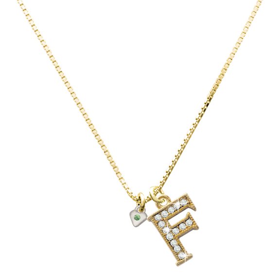 Delight Jewelry Silver-tone Mini August - Lime Green Crystal Heart - Large Goldtone Crystal Initial - F - Charm Necklace, 17.5"+2"