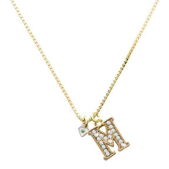 Delight Jewelry Silver-tone Mini August - Lime Green Crystal Heart - Large Goldtone Crystal Initial - M - Charm Necklace, 17.5"+2"