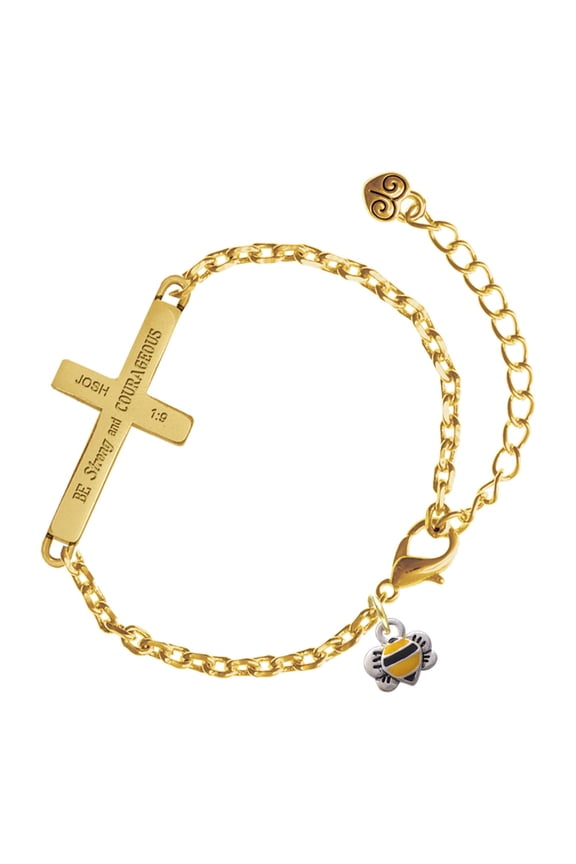 Silver-tone Mini Bumble Bee - Gold Tone Joshua 1:9 Strong and Courageous Engraved Cross Charm Bracelet, 6.5+1.5" Extender