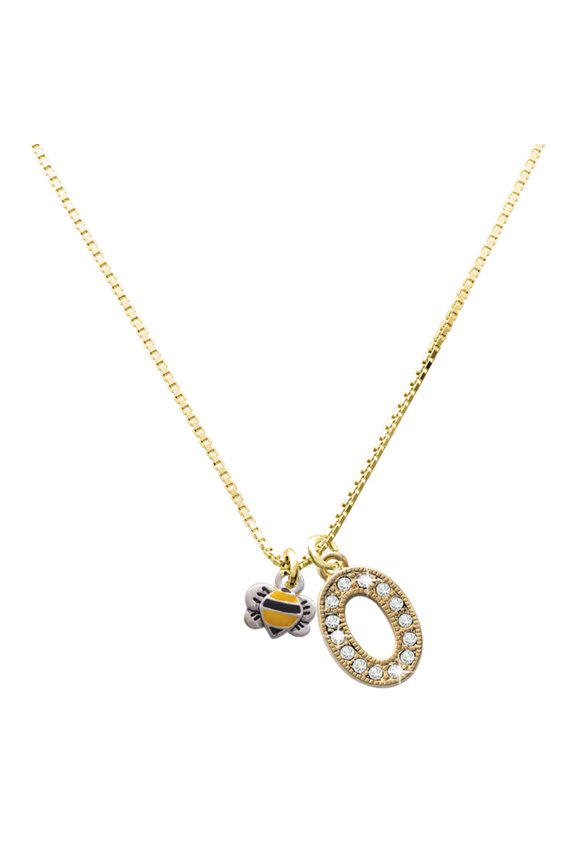 Large Goldtone Crystal Initial Necklace, featuring Silver Tone Mini Bumble Bee Charm, 17.5"+2", O