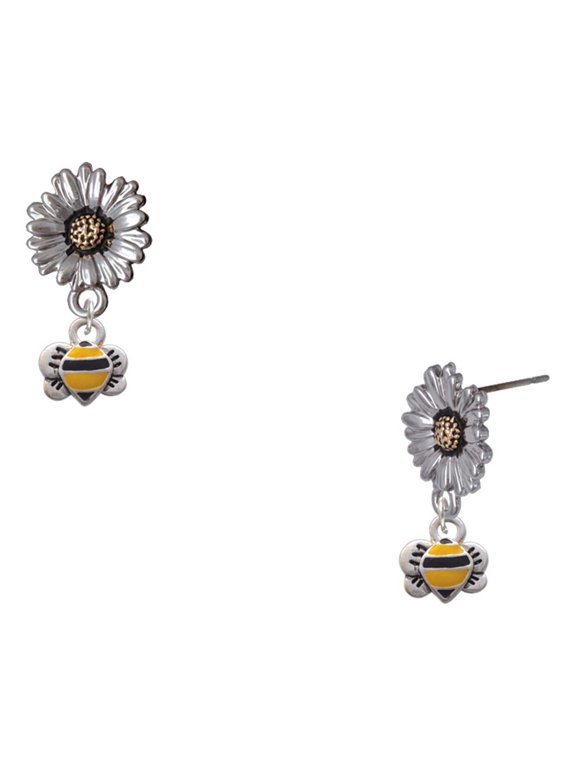 Silver-tone Mini Bumble Bee - Two-tone Daisy Flower Post Earrings