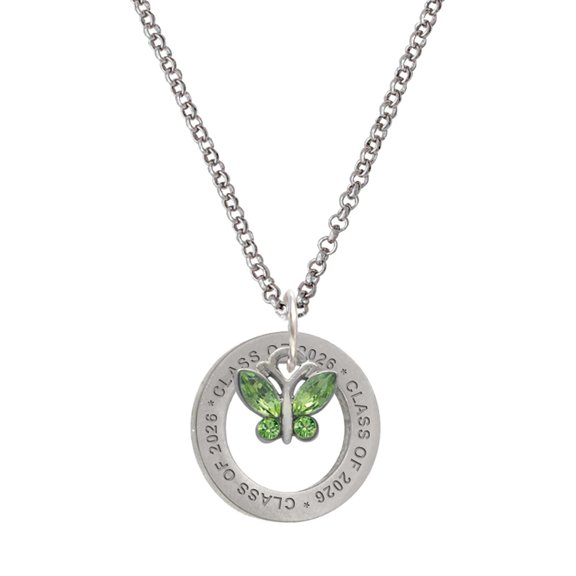 Delight Jewelry Silver-tone Mini Butterfly with Green Wings & Crystals - Class of 2026 Affirmation Ring Necklace, 23"