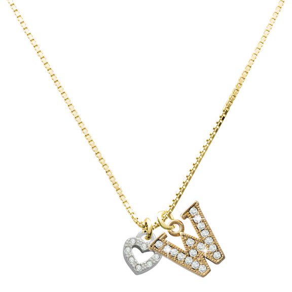 Delight Jewelry Silver-tone Mini Clear Crystal Heart - Large Goldtone Crystal Initial - W - Charm Necklace, 17.5"+2"