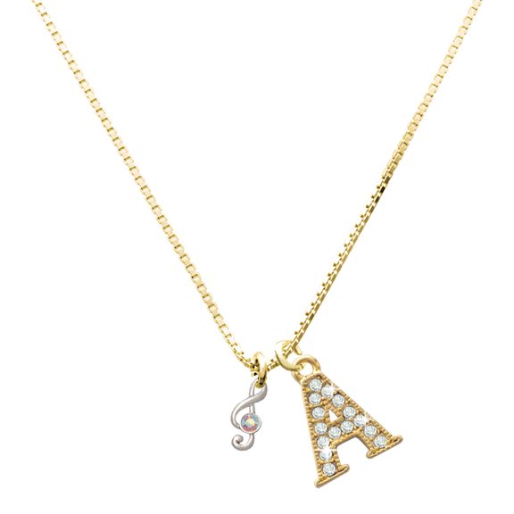 Delight Jewelry Silver-tone Mini Clef with AB Crystal - Large Goldtone Crystal Initial - A - Charm Necklace, 17.5"+2"