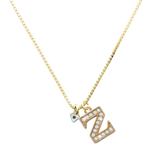 Delight Jewelry Silver-tone Mini December - Teal Crystal Heart - Large Goldtone Crystal Initial - Z - Charm Necklace, 17.5"+2"