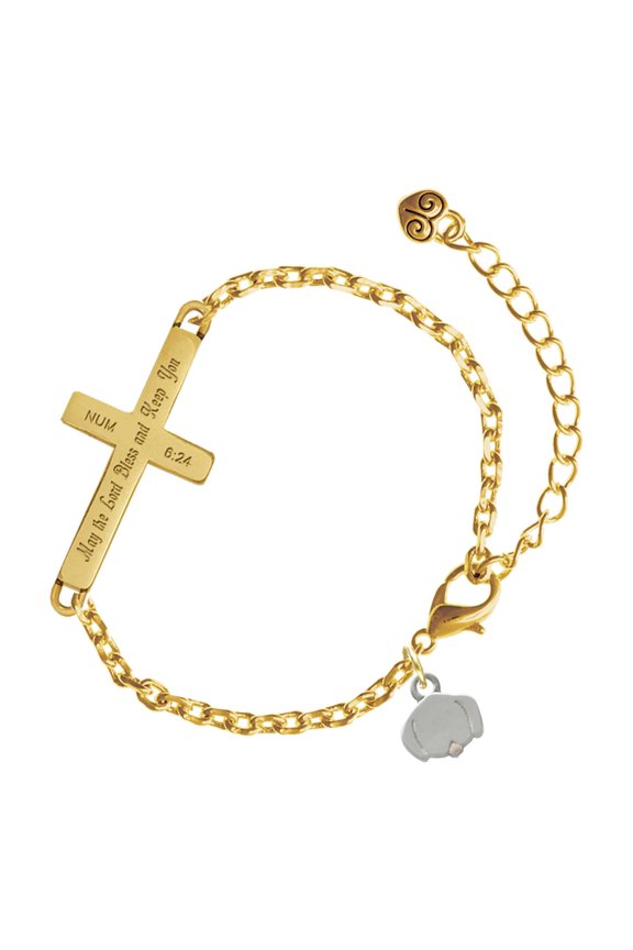 Silver-tone Mini Dog Face with Tongue - Gold Tone Numbers 6:24 May the Lord Bless You Engraved Cross Charm Bracelet, 6.5+1.5" Extender