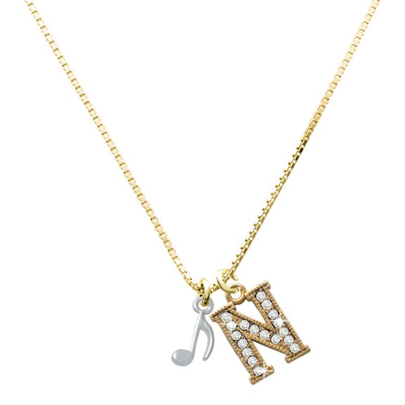 Delight Jewelry Silver-tone Mini Eighth Note - Large Goldtone Crystal Initial - N - Charm Necklace, 17.5"+2"