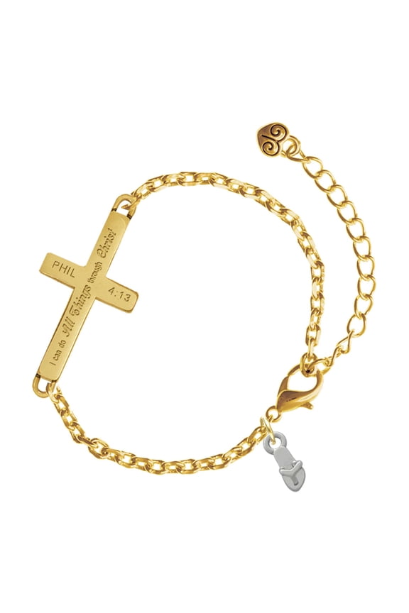 Silver-tone Mini Flip Flop - Gold Tone Philipians 4:13 I Do All Things Through Christ Engraved Cross Charm Bracelet, 6.5+1.5" Extender