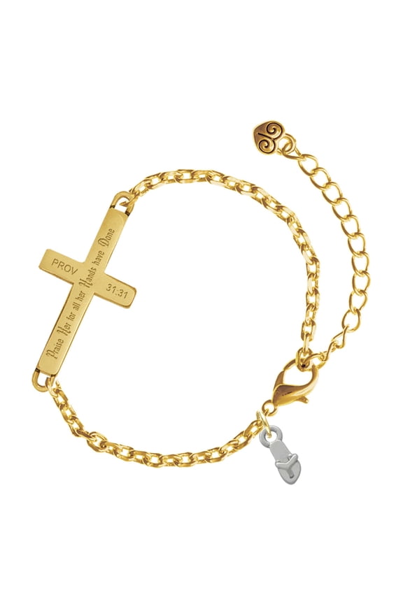 Silver-tone Mini Flip Flop - Gold Tone Proverbs 31:31 Praise Her for all Her Hands have Done Engraved Cross Charm Bracelet, 6.5+1.5" Extender