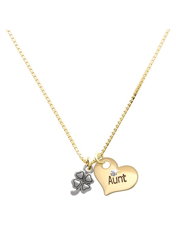 Silver-tone Mini Four Leaf Clover - Large Goldtone Aunt Heart Charm Necklace, 17.5"+2" Extender