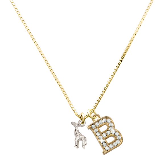 Delight Jewelry Silver-tone Mini Giraffe - Large Goldtone Crystal Initial - B - Charm Necklace, 17.5"+2"