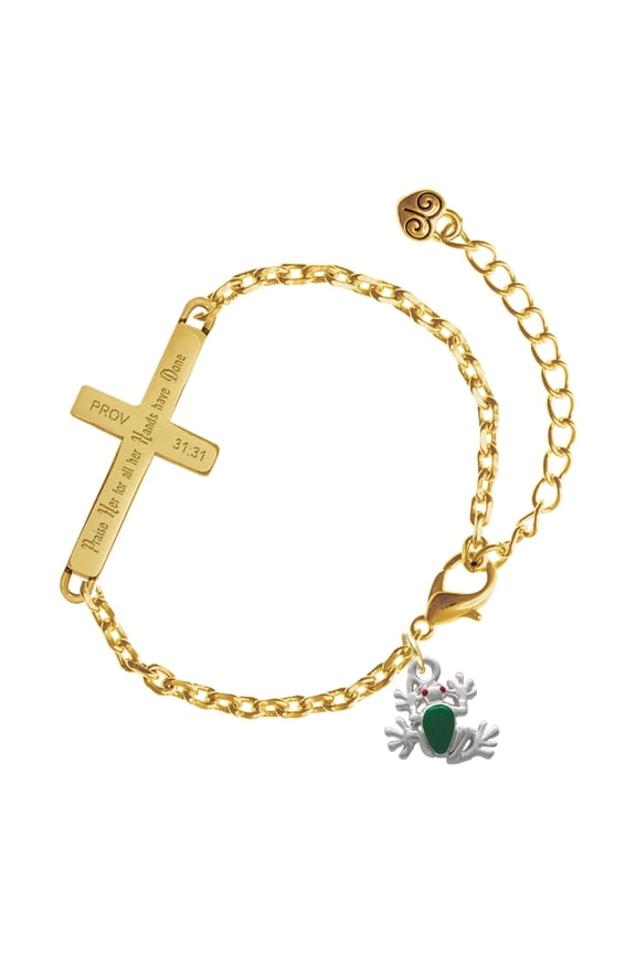 Silver-tone Mini Green Tree Frog - Gold Tone Proverbs 31:31 Praise Her for all Her Hands have Done Engraved Cross Charm Bracelet, 6.5+1.5" Extender
