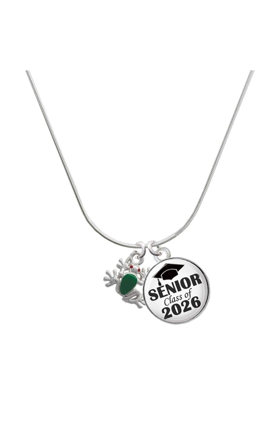 Silver-tone Mini Green Tree Frog - Silvertone Senior Class of 2026 Dome Necklace, 18"