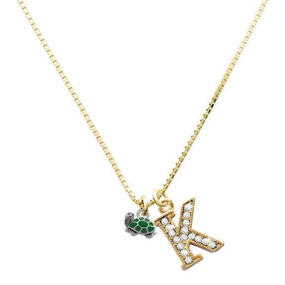 Delight Jewelry Silver-tone Mini Green Turtle - Side - Large Goldtone Crystal Initial - K - Charm Necklace, 17.5"+2"