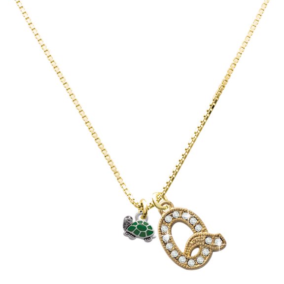 Delight Jewelry Silver-tone Mini Green Turtle - Side - Large Goldtone Crystal Initial - Q - Charm Necklace, 17.5"+2"
