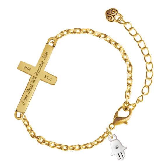 Delight Jewelry Silver-tone Mini Hamsa Hand - Gold Tone Jeremiah 31:3 Everlasting Love Engraved Cross Charm Bracelet, 6.5+1.5" Extender