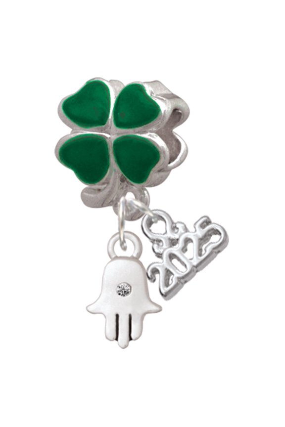 Silver-tone Mini Hamsa Hand - Good Luck Green Four Leaf Clover Charm Bead Dangle with Mini 2025