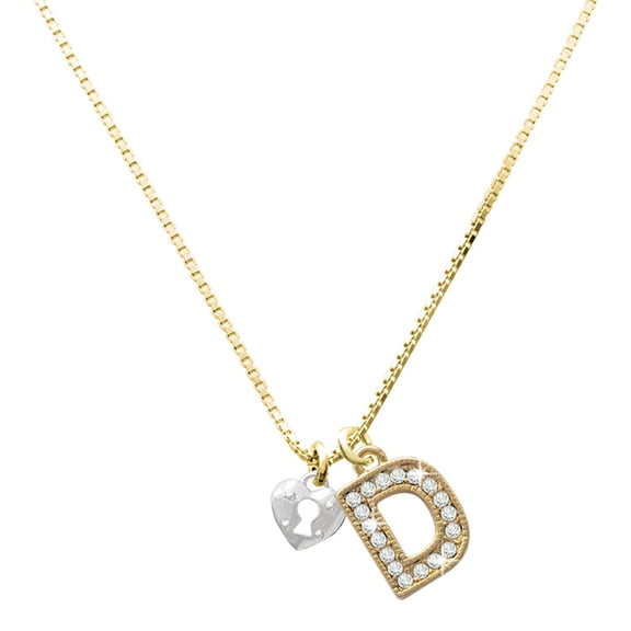 Delight Jewelry Silver-tone Mini Heart Lock with a Large Goldtone Crystal Initial - D - Charm Necklace, 17.5"+2"