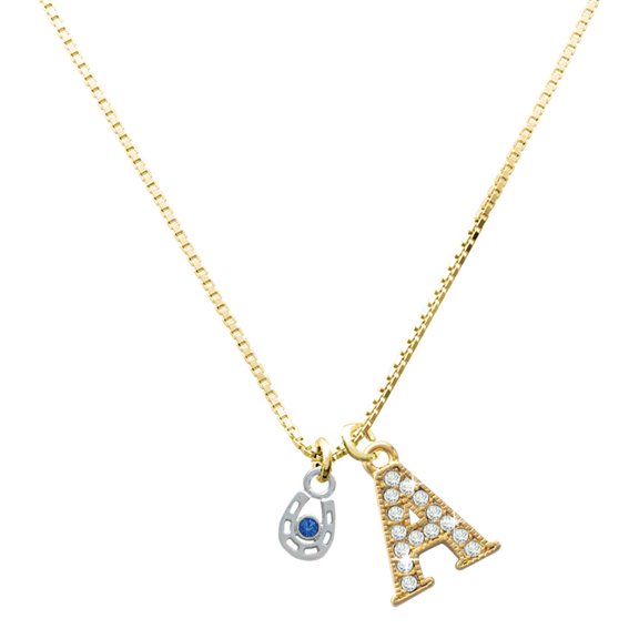 Delight Jewelry Silver-tone Mini Horseshoe with Blue Crystal - Large Goldtone Crystal Initial - A - Charm Necklace, 17.5"+2"