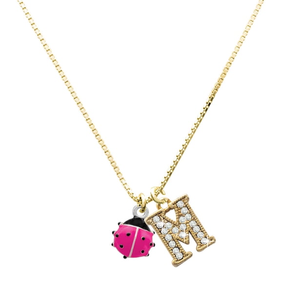 Delight Jewelry Silver-tone Mini Hot Pink Ladybug - Large Goldtone Crystal Initial - M - Charm Necklace, 17.5"+2"