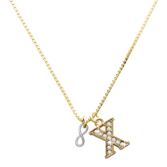 Delight Jewelry Silver-tone Mini Infinity Sign - Large Goldtone Crystal Initial - X - Charm Necklace, 17.5"+2"