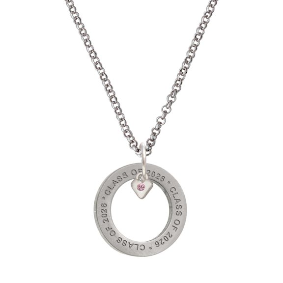 Delight Jewelry Silver-tone Mini Light Pink Crystal Heart - Class of 2026 Affirmation Ring Necklace, 23"