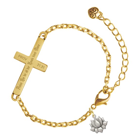 Delight Jewelry Silver-tone Mini Lotus - Gold Tone Proverbs 31:31 Praise Her for all Her Hands have Done Engraved Cross Charm Bracelet, 6.5+1.5" Extender