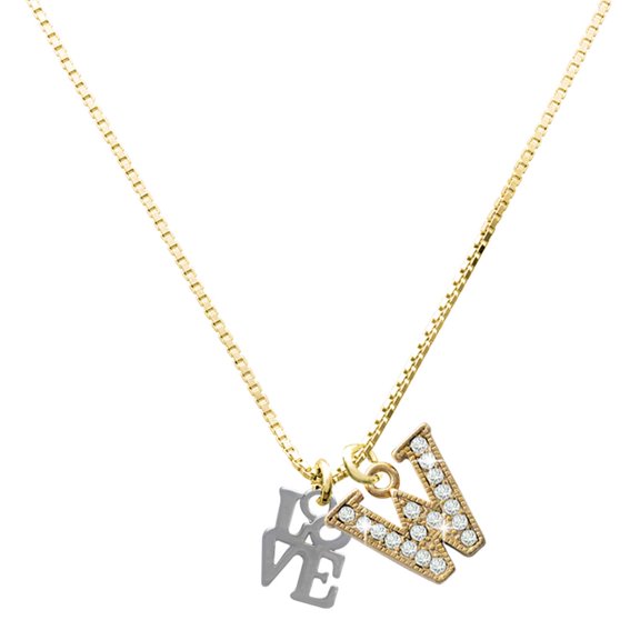 Delight Jewelry Silver-tone Mini Love in Square - Large Goldtone Crystal Initial - W - Charm Necklace, 17.5"+2"
