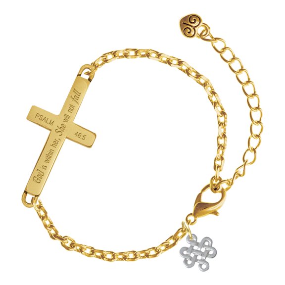Delight Jewelry Silver-tone Mini Open Infinity Knot - Gold Tone Psalm 46:5 She will not fall Engraved Cross Charm Bracelet, 6.5+1.5" Extender