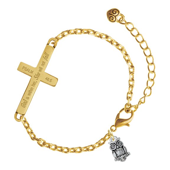 Delight Jewelry Silver-tone Mini Owl - Gold Tone Psalm 46:5 She will not fall Engraved Cross Charm Bracelet, 6.5+1.5" Extender