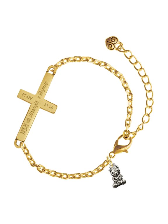 Silver-tone Mini Panda Bear Sitting - Gold Tone Proverbs 31:25 She is Clothed with Strength and Dignity Engraved Cross Charm Bracelet, 6.5+1.5" Extender
