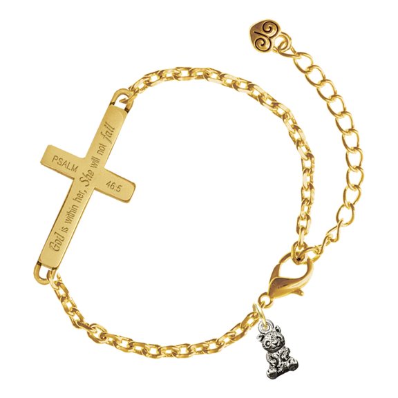 Delight Jewelry Silver-tone Mini Panda Bear Sitting - Gold Tone Psalm 46:5 She will not fall Engraved Cross Charm Bracelet, 6.5+1.5" Extender