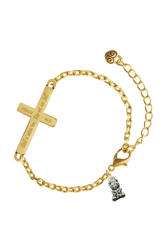 Silver-tone Mini Panda Bear Sitting - Gold Tone Psalm 46:5 She will not fall Engraved Cross Charm Bracelet, 6.5+1.5" Extender