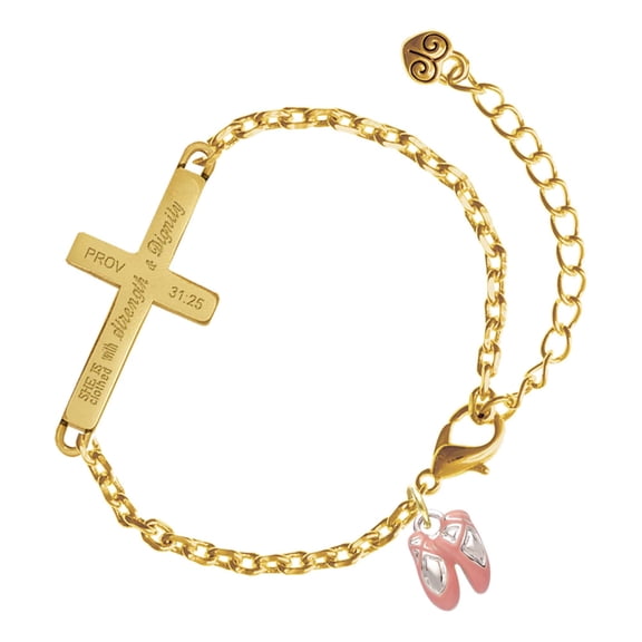 Delight Jewelry Silver-tone Mini Pink Ballet Slippers - Gold Tone Proverbs 31:25 She is Clothed with Strength and Dignity Engraved Cross Charm Bracelet, 6.5+1.5" Extender