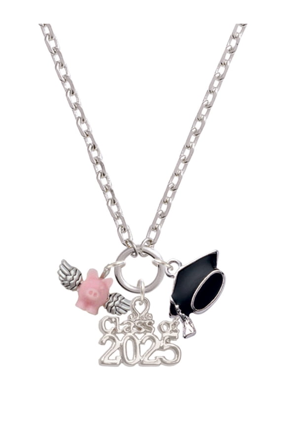 Silver-tone Mini Pink Flying Pig - Silver-tone Class of 2025 Graduation Zoey Necklace, 28"