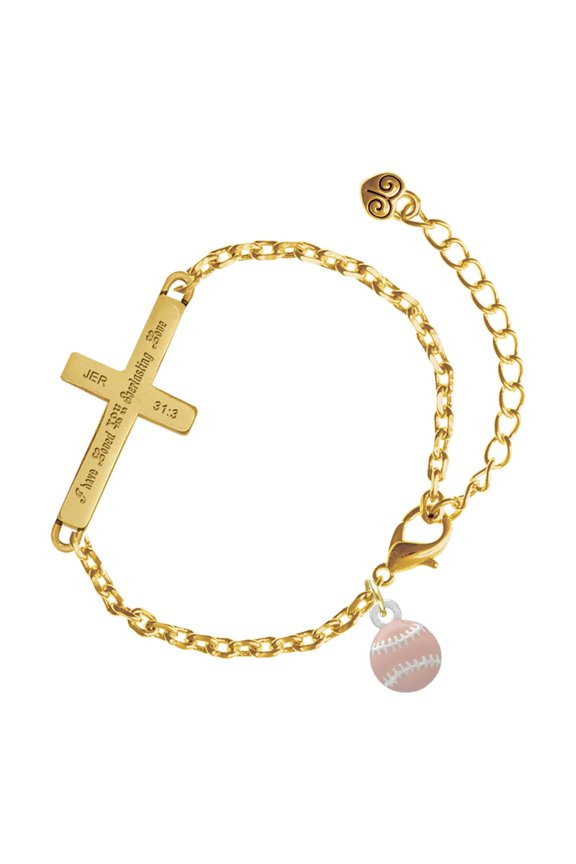Silver-tone Mini Pink Softball or Baseball - Gold Tone Jeremiah 31:3 Everlasting Love Engraved Cross Charm Bracelet, 6.5+1.5" Extender