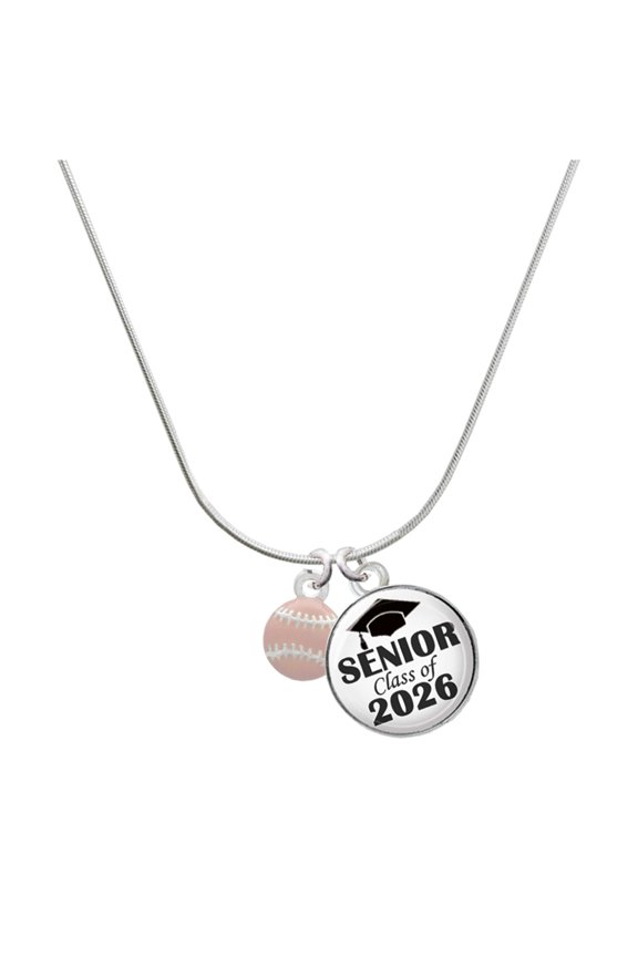 Silver-tone Mini Pink Softball or Baseball - Silvertone Senior Class of 2026 Dome Necklace, 18"