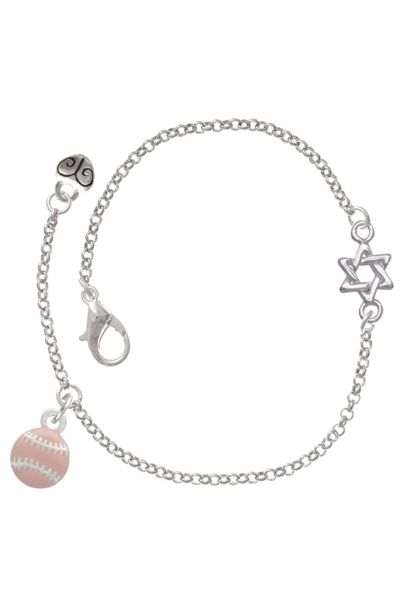 Silver-tone Mini Pink Softball or Baseball - Silvertone Star of David Delicate Bracelet, 6.25+1.75" Extender