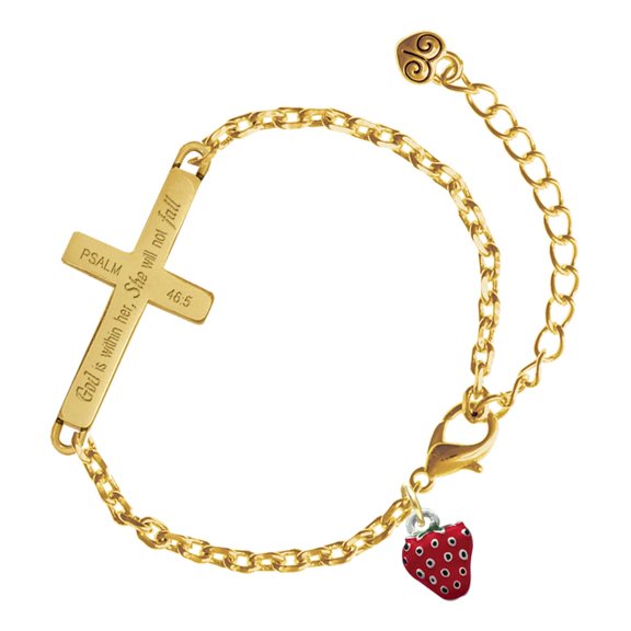 Delight Jewelry Silver-tone Mini Red Enamel Strawberry - Gold Tone Psalm 46:5 She will not fall Engraved Cross Charm Bracelet, 6.5+1.5" Extender