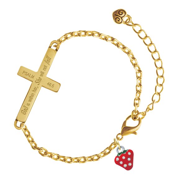 Delight Jewelry Silver-tone Mini Red Strawberry with Clear Crystals - Gold Tone Psalm 46:5 She will not fall Engraved Cross Charm Bracelet, 6.5+1.5" Extender