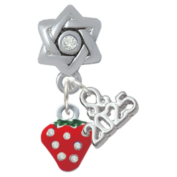 Delight Jewelry Silver-tone Mini Red Strawberry with Clear Crystals - Silver-tone Clear Star of David Charm Bead Dangle with Mini 2025