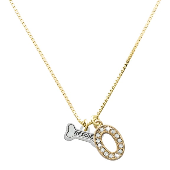 Delight Jewelry Large Goldtone Crystal Initial Necklace, featuring Silver Tone Mini ''Rescue'' Dog Bone Charm, 17.5"+2", O