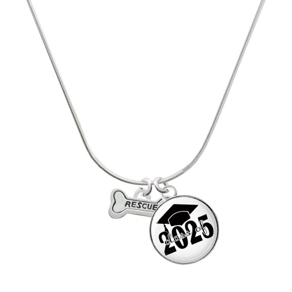 Delight Jewelry Silver-tone Mini ''Rescue'' Dog Bone - Script Class of 2025 Dome Charm Necklace, 18"