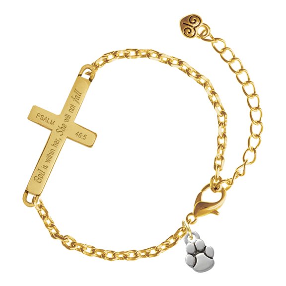 Delight Jewelry Silver-tone Mini Rounded Paw - Gold Tone Psalm 46:5 She will not fall Engraved Cross Charm Bracelet, 6.5+1.5" Extender