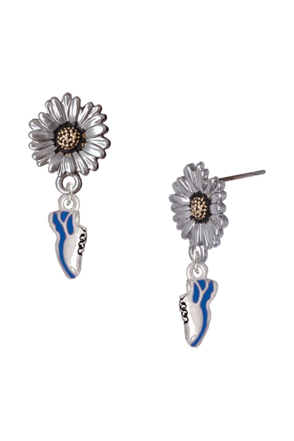 Silver-tone Mini Royal Blue Running Shoe - Two-tone Daisy Flower Post Earrings