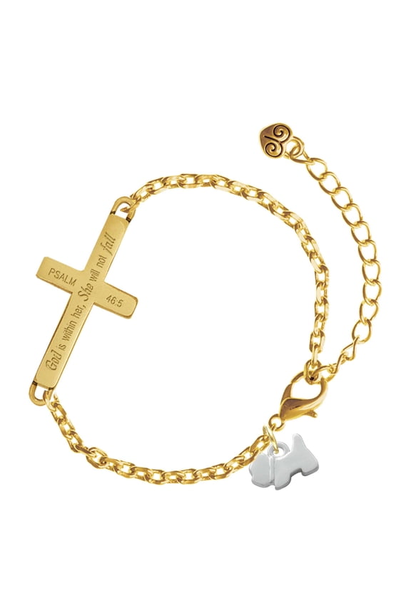 Silver-tone Mini Scottie Dog - Gold Tone Psalm 46:5 She will not fall Engraved Cross Charm Bracelet, 6.5+1.5" Extender